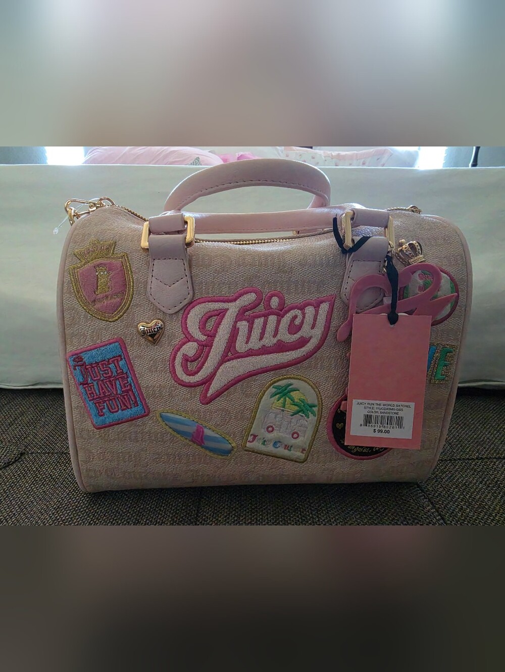 Juicy Couture Pink Patchwork Satchel with Embroidered Patches